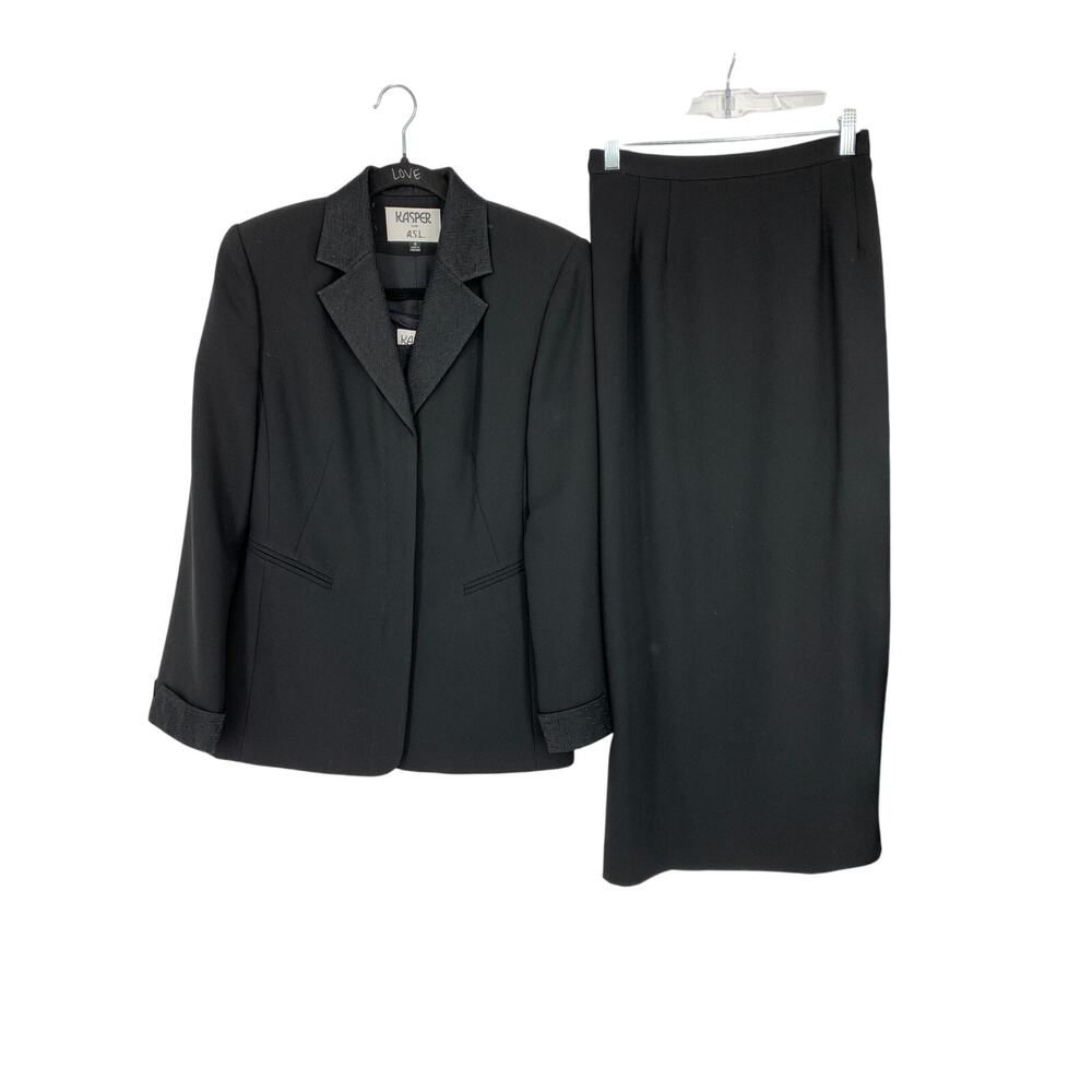 VTG Kasper 3 Piece Maxi Skirt Suit Blazer Shell Womens Sz XS Black Embellished